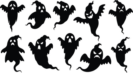 Obraz premium Halloween spooky ghost silhouettes vector set, scary flying spirits, haunted ghost shapes for spooky Halloween design and decoration.