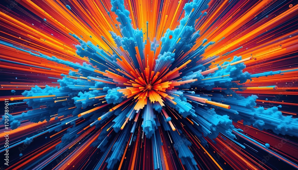 Poster a vibrant explosion of radiating lines and clustered forms in bold orange, blue, and dark tones crea