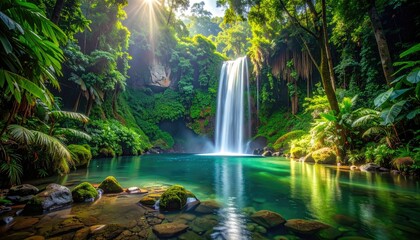 Fototapeta premium Secluded Waterfall Cascade into Turquoise Pool Surrounded by Lush Green Rainforest in a Valley with Rocks Vines and Bright Sunlight Filtering Through Canopy