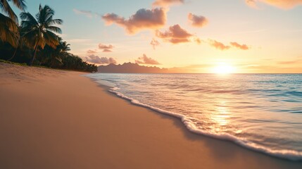 Ocean waves gently washing over a sandy beach at sunset, with palm trees swaying and majestic mountains rising in the background
