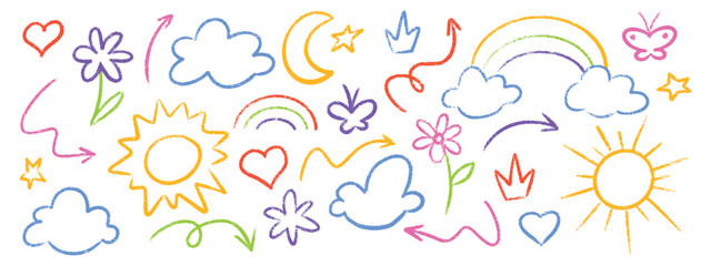 Colorful kid crayon drawings with children hand drawn sun and moon, star and rainbow, cloud and flower for nursery decoration. Playful butterfly and heart, crown and arrow in bright chalk style.