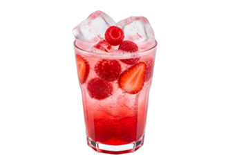 Vibrant red drink filled with fresh raspberries and strawberries, served over ice in a clear glass.