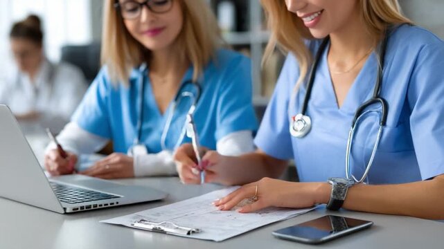 Medical Professionals' Detailed Analysis: Two focused healthcare professionals, clad in professional attire, work with a laptop and clipboard in a collaborative setting, meticulously examining data.