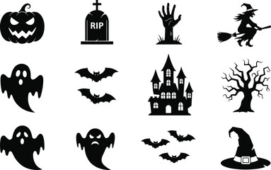 Obraz premium Halloween spooky icon set with ghosts, bats, haunted house, witch, pumpkin, grave, zombie hand, tree, hat, silhouette vector