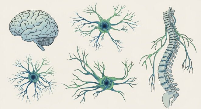 Illustration showing human brain spinal cord and nerve cells with detailed branching structures present created with generated ai