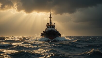 A sturdy tugboat navigates choppy waters under dramatic, golden sunlight.