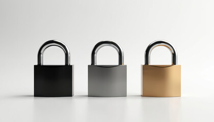 Three metallic padlocks, black, silver, gold, stand against clean white background. Minimalist collection security, privacy, access control. Lock represents protection, safe storage options.