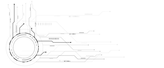 Vector futuristic technology background with white circle circuit wires on light blue motherboard.