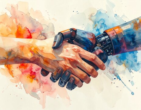 Vibrant watercolor depiction of human and robotic hands shaking, symbolizing the collaborative future of artificial intelligence and human ingenuity in creative and innovative ventures