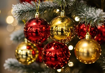 Festive Christmas Tree Red and Gold Ornaments with Bokeh Lights.