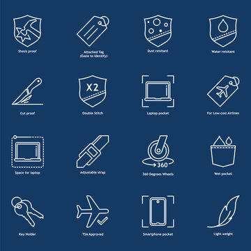 A modern carry-on luggage bag icon set, vector icons. Include a laptop pocket, 360-degree wheels, TSA-approved lock, lightweight, water-resistant, shockproof, for business travel and low-cost airlines