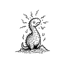 Distressed dinosaur radiates peculiar energy sitting upon mound in sketched monochrome graphic