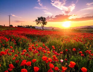 Fototapeta premium Vibrant Red Poppy Field at Sunset