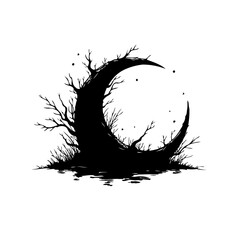 Eerie celestial crescent silhouette with bare branches and grass evokes moody darkness and mystery