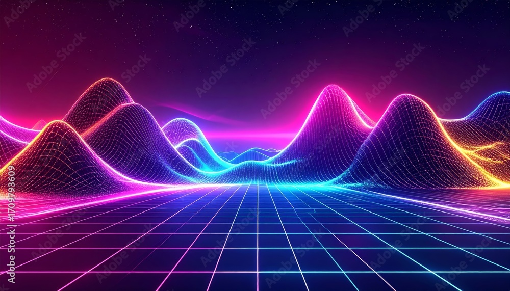 Poster abstract black fractal grid pattern with blue glowing lines and light waves for a futuristic science