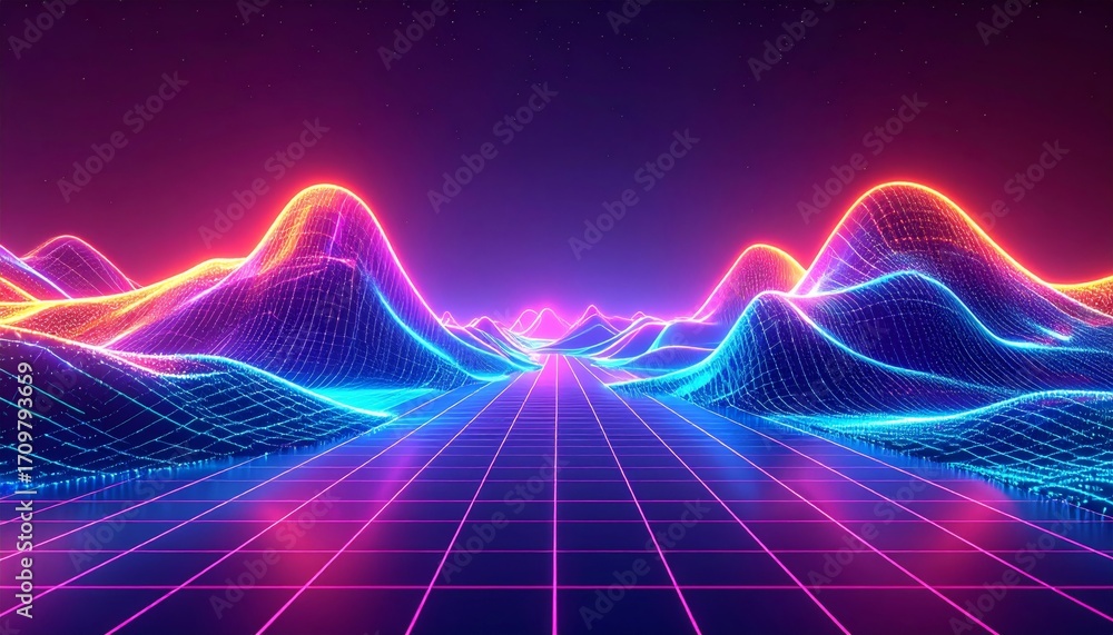 Poster abstract black fractal grid pattern with blue glowing lines and light waves for a futuristic science