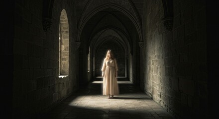 Obraz premium Eerie Midnight Reverie: Ghostly Lady in White Dress Strolls Through Gothic Cloister