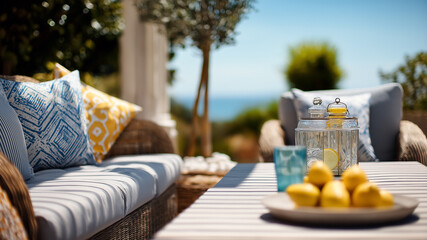 Outdoor coastal decor, cushion, plate, vase, flower, lemon and glass set on wood surface with natural light, garden view, relaxed summer style table and tablescape in countryside
