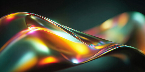 Iridescent, flowing form shimmers on a dark surface, creating a modern abstract texture. Excellent as a video background, poster design, or UI element.