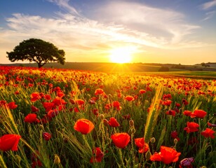 Fototapeta premium Vibrant Red Poppy Field at Sunset