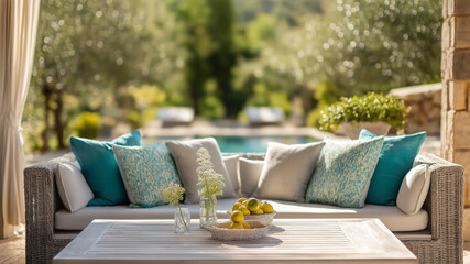Outdoor coastal decor, cushion, plate, vase, flower, lemon and glass set on wood surface with natural light, garden view, relaxed summer style table and tablescape in countryside