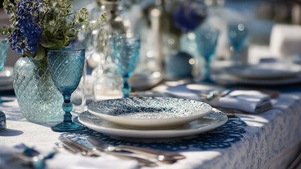 Outdoor coastal decor, cushion, plate, vase, flower, lemon and glass set on wood surface with natural light, garden view, relaxed summer style table and tablescape in countryside