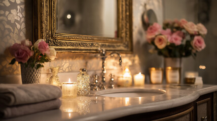 Interior of a traditional English bathroom with bath, shower, mirror, basin, candle, towel, flower, marble surface, brass fitting, and wood detail