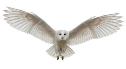 Obraz premium Isolated Barn Owl flying with wide wings in front view, nocturnal raptor hunter bird