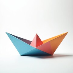 Origami paper boat with gradient colors on white background. Blue, pink, and orange hues create a playful, minimalist design. Symbolizes childhood joy, imagination, and simple creativity.