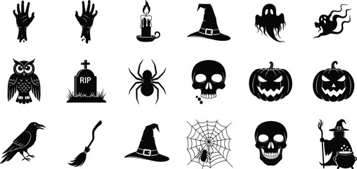 Halloween vector set featuring witches hat, ghosts, skulls, pumpkins, spider, broomstick, owl, crow, candle, graveyard tombstone, witch with cauldron.