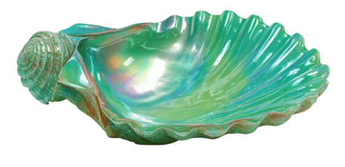 A vibrant, iridescent, teal-green seashell-shaped dish