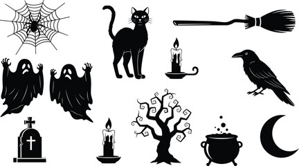 Halloween vector set with black cat, ghosts, spider web, broomstick, graveyard tombstone, crow, candles, spooky tree, cauldron, crescent moon.