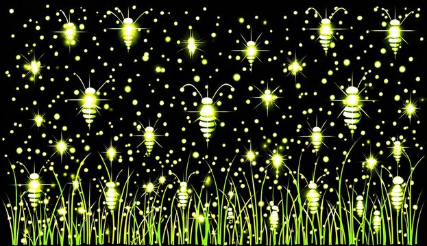 Glow-in-the-dark fireflies in grass at night