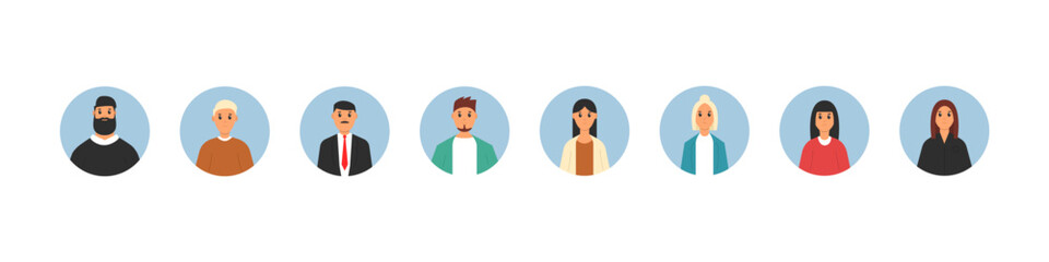 User avatar set. Profile character vector set. Human face user avatar isolated set.