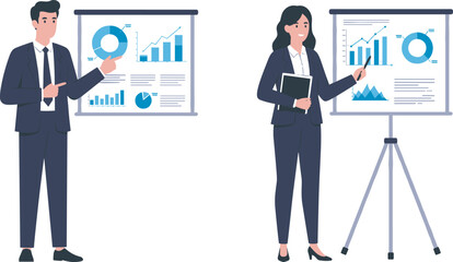 Business people presenting charts graphs on flipboard office presentation teamwork analysis corporate meeting strategy data report vector flat design illustration