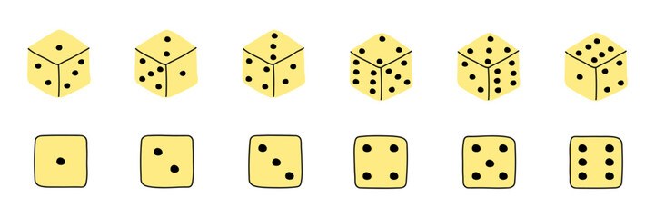 Dice vector set. Die sign set. Casino dice cube. Gambling die vector set. Play dice game.