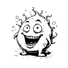 Expressive monochrome illustration of a whimsical cartoon character exuding happiness and jovial