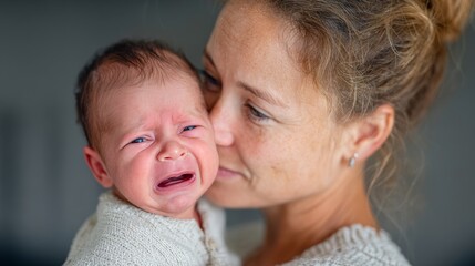 A woman is holding a crying baby. The baby is crying and the woman is trying to comfort it