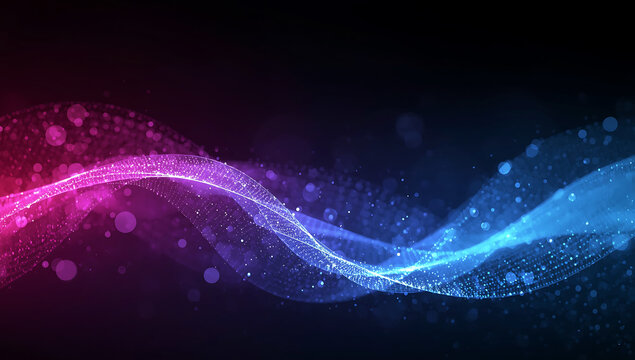 Abstract glowing neon wave with shimmering particles and bokeh effect on a dark background