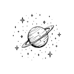 Hand drawn planet with ring system amidst twinkling stars creating a celestial sketch of cosmic © LgsDesign