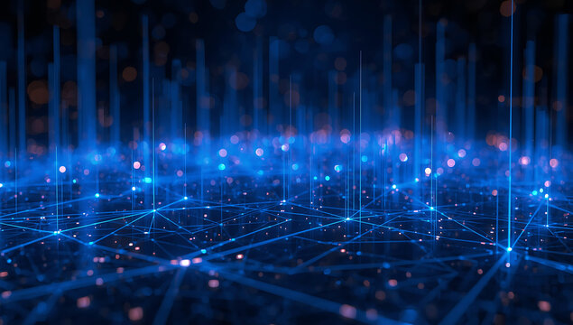 Abstract glowing blue digital network grid with light trails and bokeh effects representing data flow and connectivity