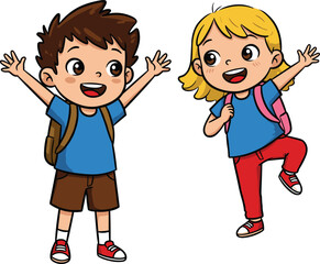 Happy cartoon boy and girl wearing backpacks, school kids excited, casual clothes, smiling children, playful vector illustration for education