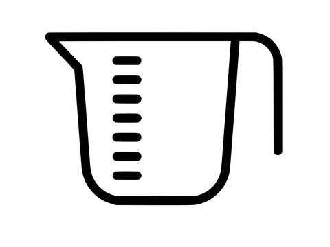 Minimalist black line drawing of a measuring cup with spout and handle