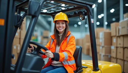 Woman in bright orange safety jacket and yellow helmet drives forklift in warehouse. Stacks of cardboard boxes line background shelves. Efficient logistics operation shows industrial work.