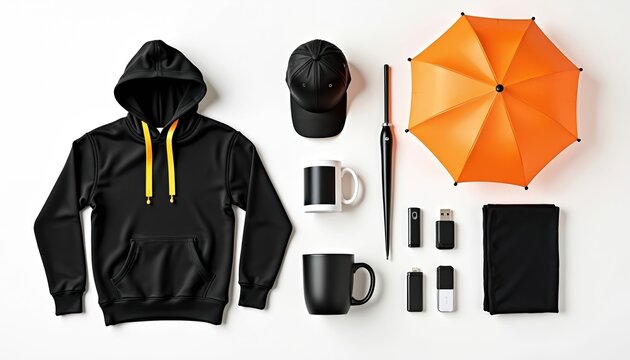 Flat lay of promotional items including black hoodie, cap, mugs, orange umbrella, USB drives, folded fabric on white background. Business merchandise collection for branding, advertising, giveaways.
