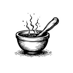 Hand drawn vintage illustration of a steaming bowl with a spoon presenting comforting warmth and