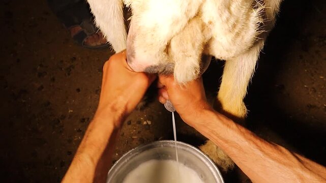 A farmer milking an Awassi sheep in a traditional countryside barn, showcasing authentic rural dairy practices, livestock care, and cultural farming life, perfect for agricultural content.