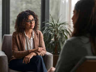 A professional woman with curly hair and glasses, dressed in a brown blazer and white shirt, sits in an armchair attentively listening to another person in a modern setting