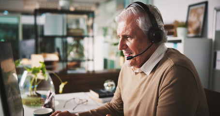 Communication, headset and mature man in office with computer for customer service, advice and hotline. Client query, contact us or help desk agent with pc for complaint solution, faq or tech support