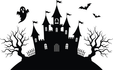 Haunted castle silhouette with spooky ghost, flying bats, creepy trees, gothic horror mansion, dark Halloween night vector illustration design